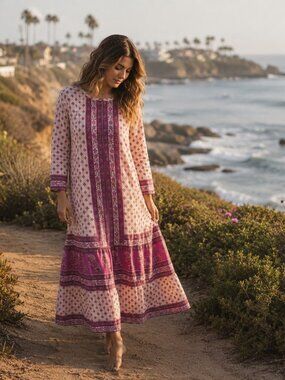La Cera indian cotton block print lounge robe dress